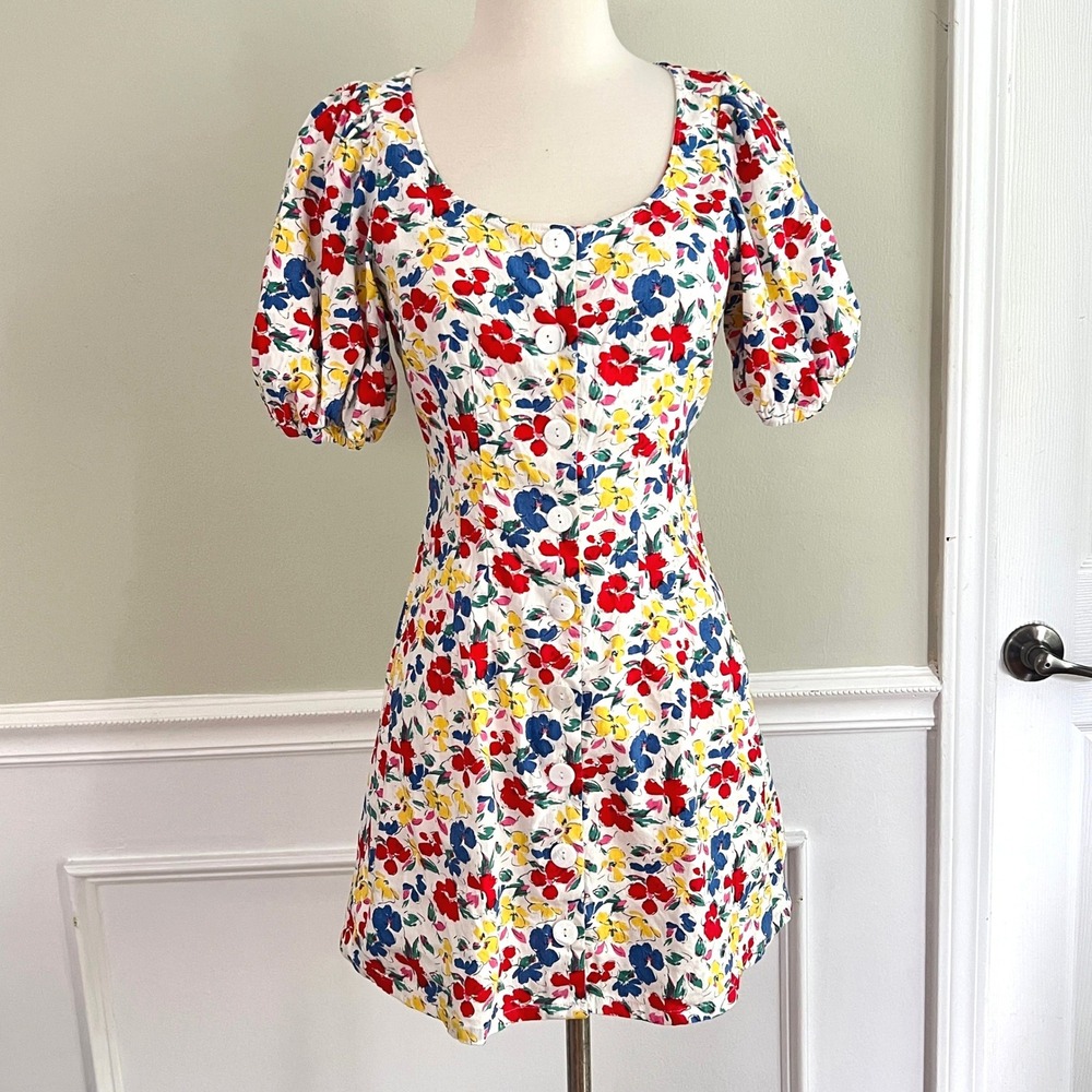 RIXO‎ x Target Floral Mini Dress Womens 2 Puff Sleeve Button Front White Multi